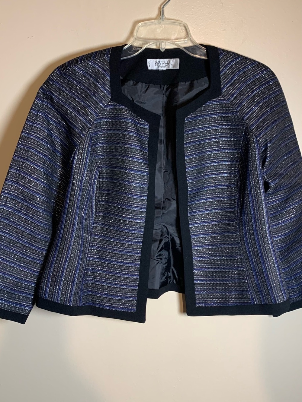 Kasper Women's Navy and Black Purple Striped Open-Front Jacket PXS